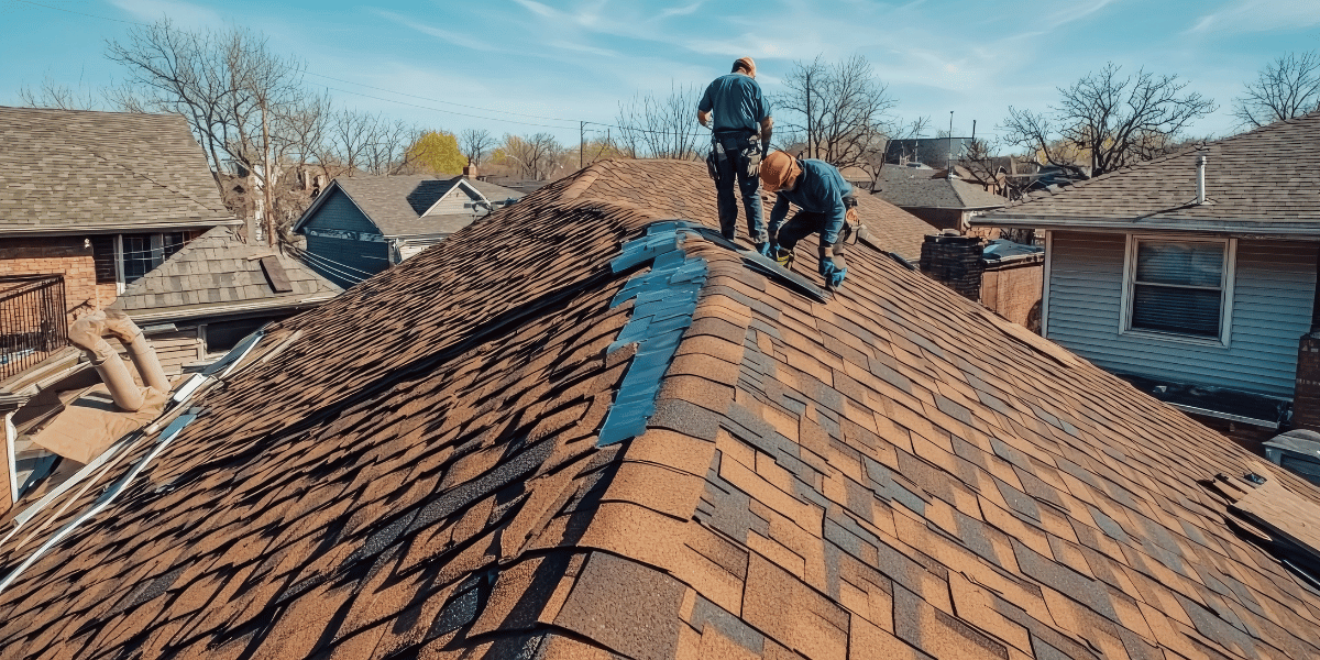 Roofers repairing a damaged roof