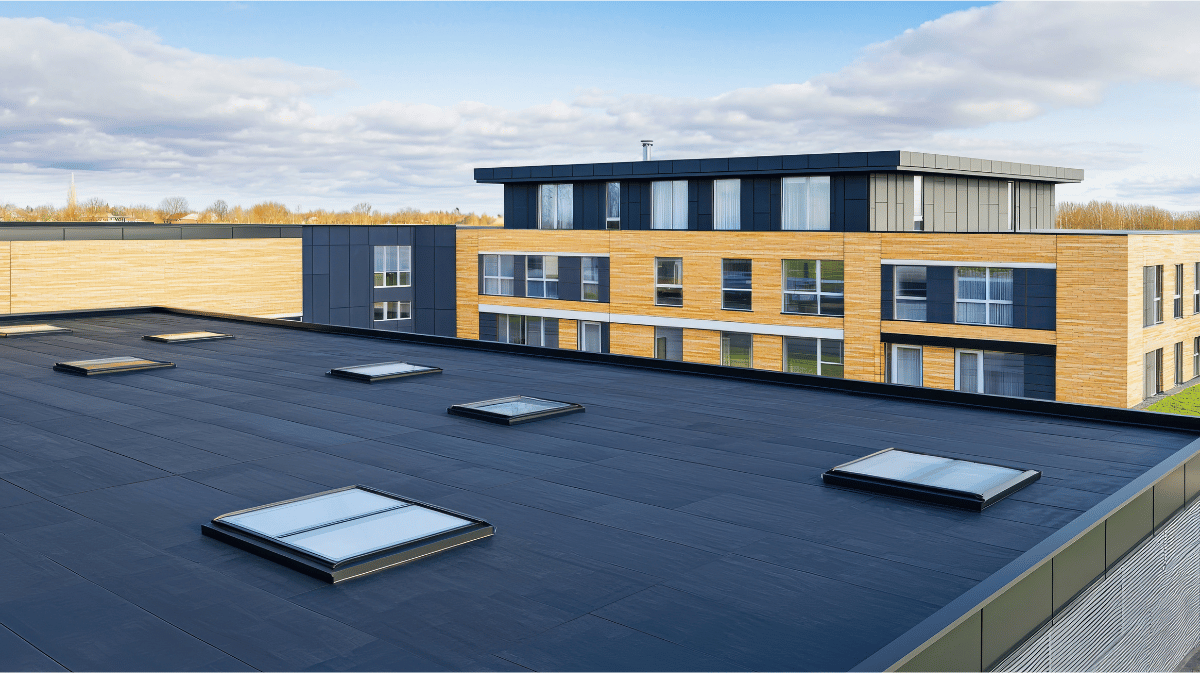 A flat roof on an apartment building